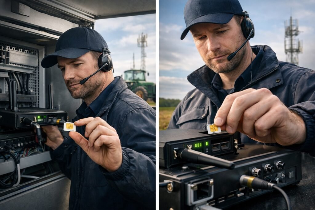 Technicien installant une carte SIM M2M dans un routeur industriel pour connectivité IoT