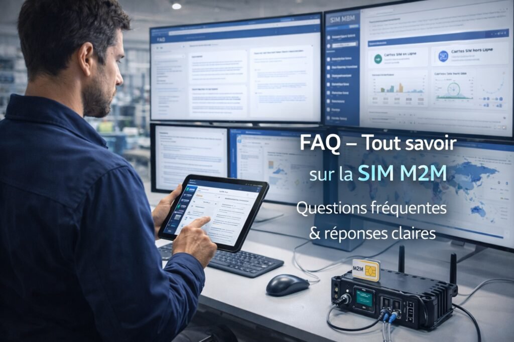 Technicien support consultant une interface FAQ et dashboard IoT avec routeur SIM M2M dans un environnement professionnel.
