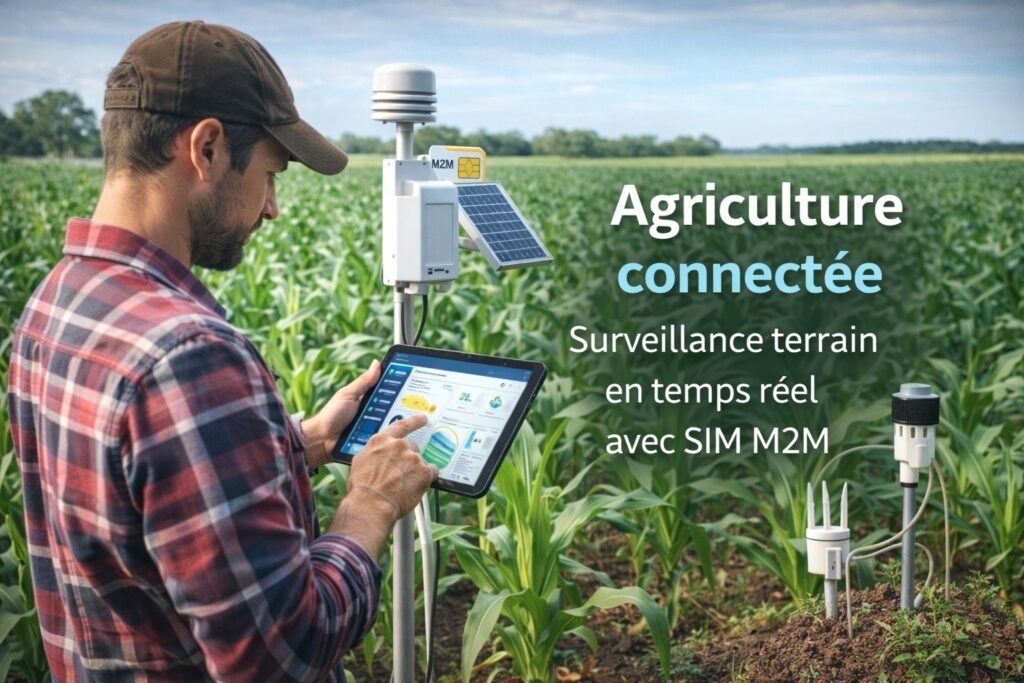 Agriculteur dans un champ utilisant une tablette pour la surveillance des données agricoles en temps réel avec une station IoT équipée d’une carte SIM M2M.
