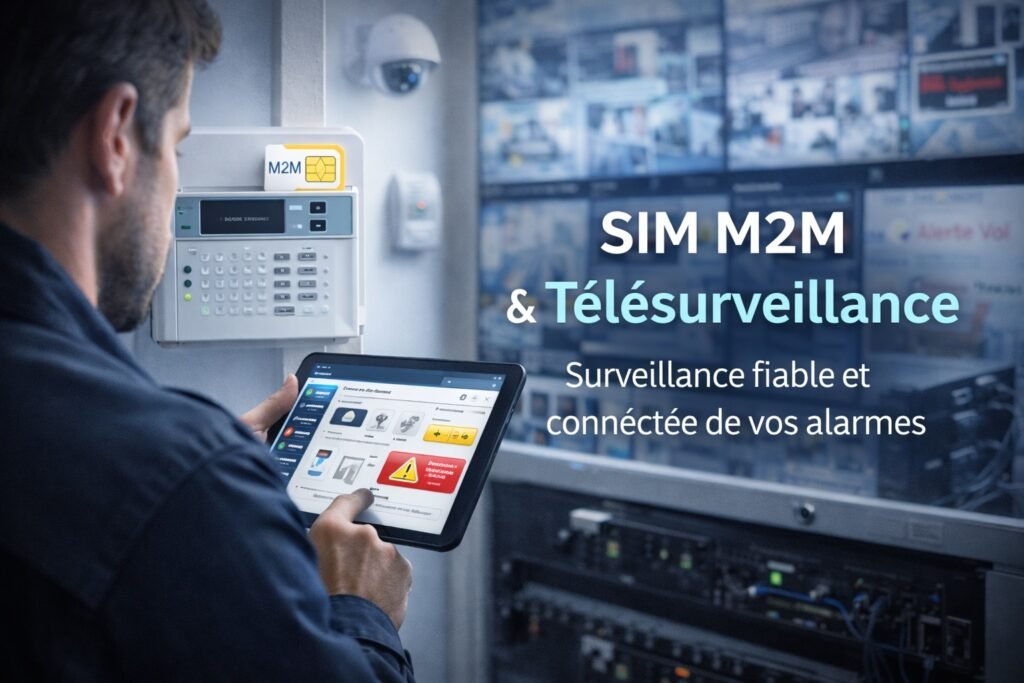 Système d’alarme connecté avec carte SIM M2M pour télésurveillance et supervision à distance, affichant une centrale d’alarme professionnelle dans une salle de contrôle.
