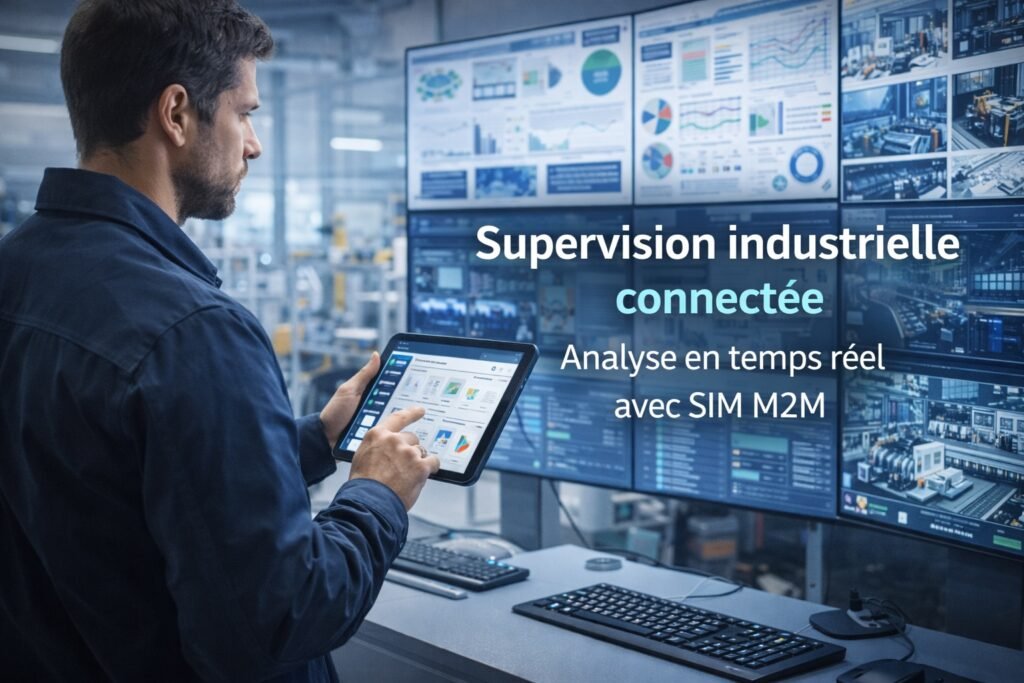 Technicien supervisant en temps réel une installation industrielle avec écrans de monitoring et connectivité SIM M2M.

