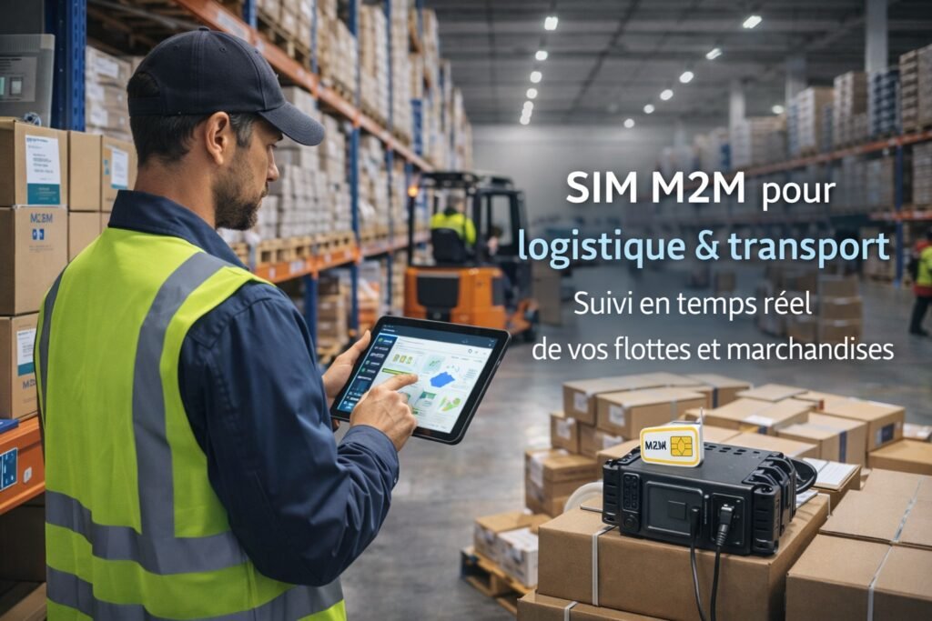 Opérateur logistique utilisant une tablette dans un hub de transport avec un dispositif télématique connecté par SIM M2M sur un camion.
