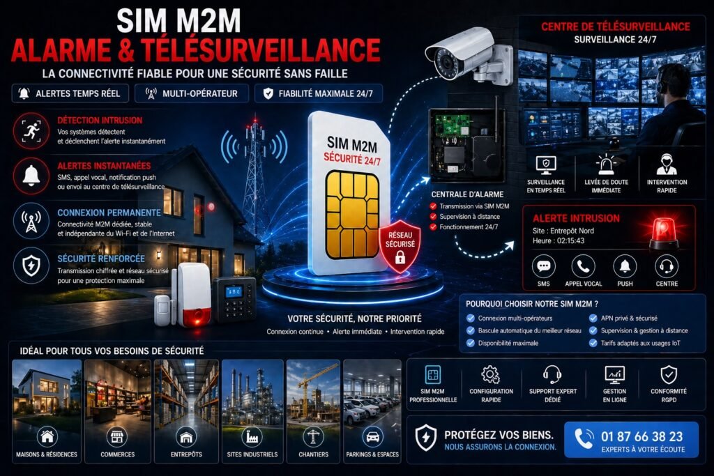 solution SIM M2M alarme GSM télésurveillance sécurité maison entreprise alertes intrusion temps réel caméra connectée IoT réseau fiable 24 7