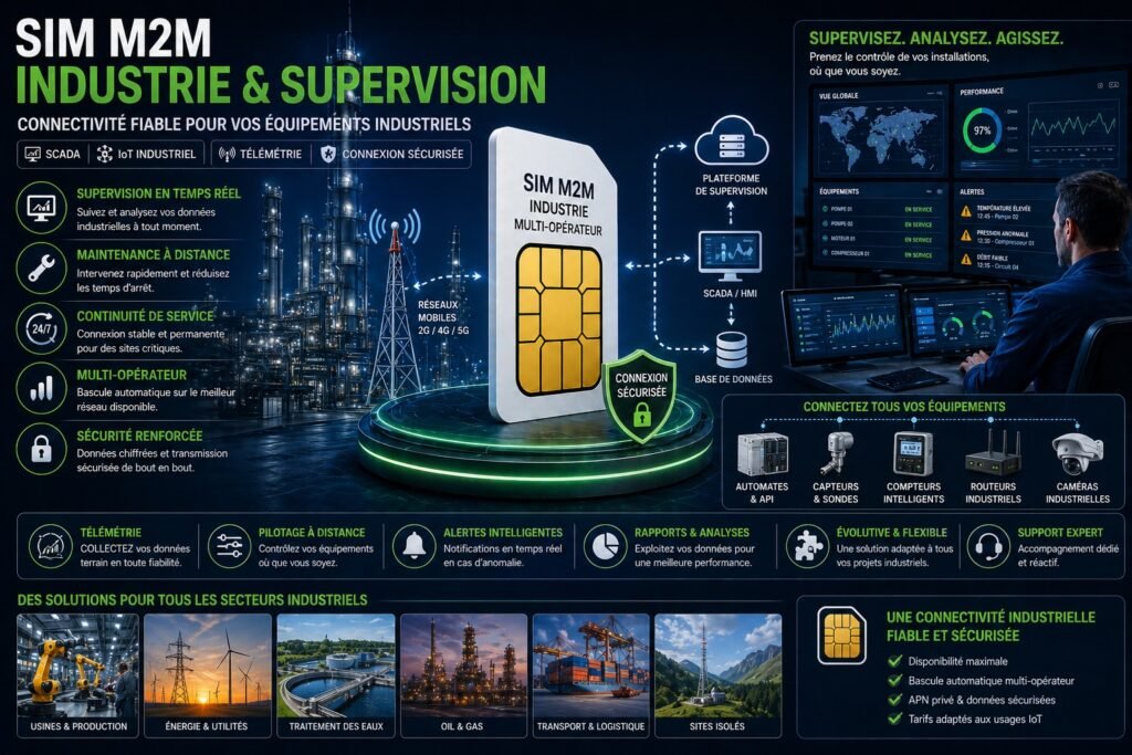 SIM M2M industrie supervision SCADA IoT télémétrie machines connectées contrôle à distance réseau sécurisé multi opérateur

