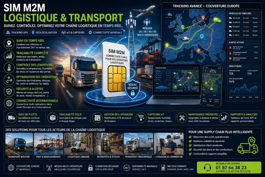 SIM M2M logistique transport avec tracking avancé et géolocalisation en Europe solution SIM M2M logistique transport Europe tracking avancé GPS flotte véhicules marchandises connectées IoT géolocalisation temps réel optimisation supply chain