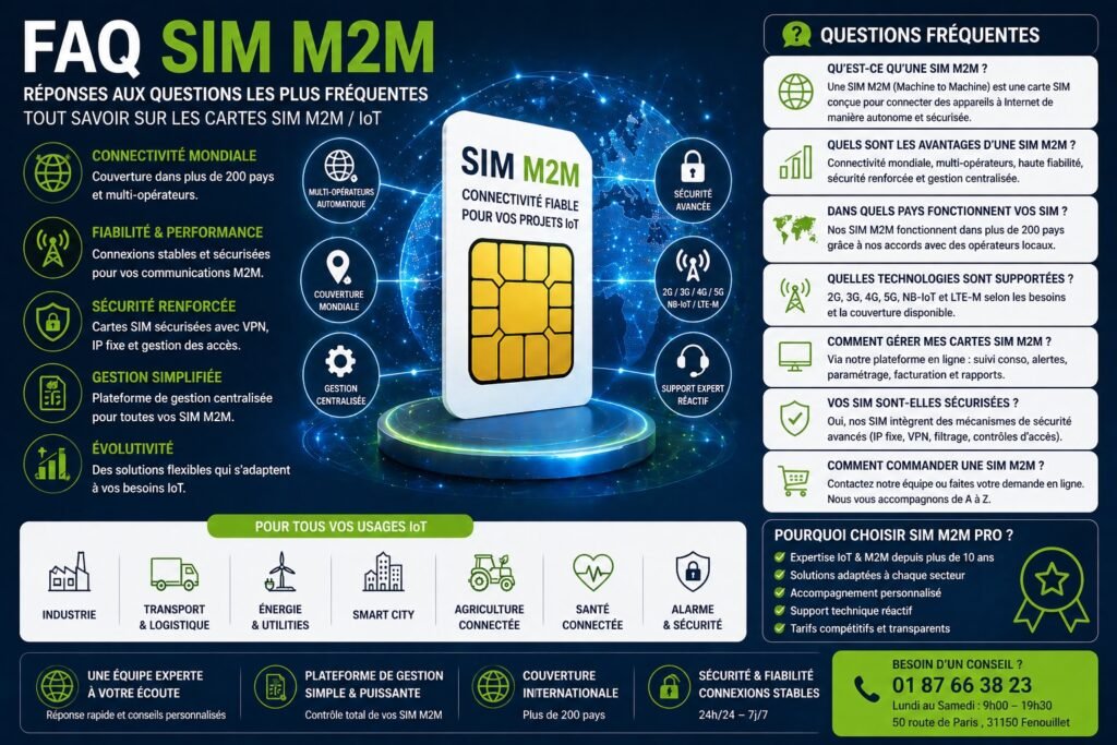 FAQ SIM M2M : réponses aux questions sur la connectivité IoT et multi-opérateur FAQ carte SIM M2M IoT questions fréquentes connectivité multi opérateur sécurité gestion plateforme IoT fonctionnement SIM M2M